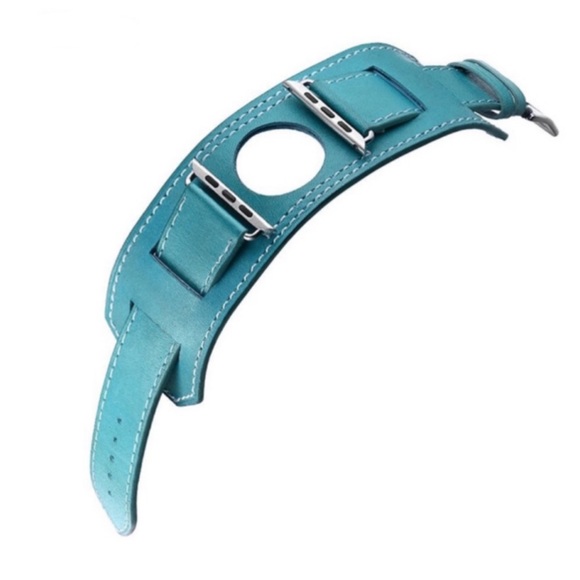 Vegan Leather Blue Double Cuff Watchband for Apple - Picture 4 of 14